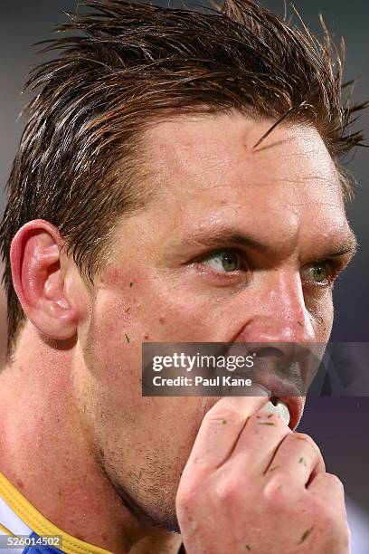 Dane Haylett-Petty of the Force removes his mouthguar after being defeated during the round 10 Super Rugby match between the Force and the Bulls at...