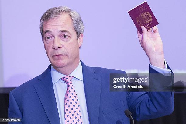 Leader of the UKIP Nigel Farage makes a speech on the EU referendum in London, United Kingdom on April 29, 2016.