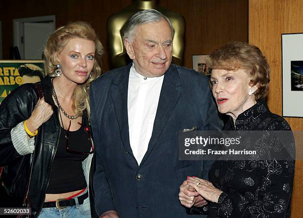 Actress Joan Leslie poses with Gore Vidal author and Kristina Wayborn actress at the Academy of Motion Picture Arts and Sciences Centennial tribute...