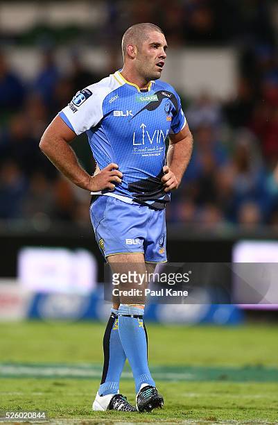 Matt Hodgson of the Force looks on during the round 10 Super Rugby match between the Force and the Bulls at nib Stadium on April 29, 2016 in Perth,...