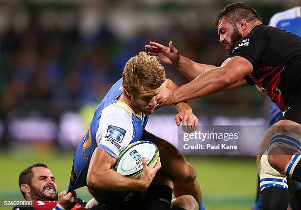 Kyle Godwin of the Force gets tackled during the round 10 Super Rugby match between the Force and the Bulls at nib Stadium on April 29, 2016 in...