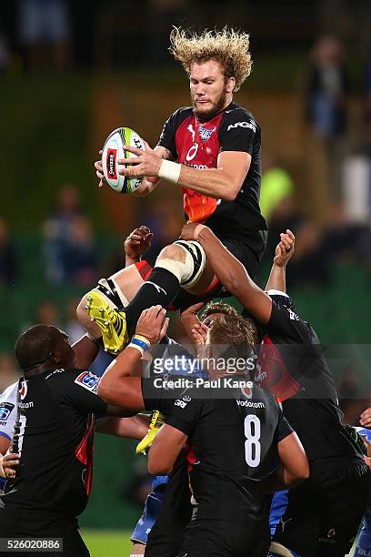 Rudolph Snyman of the Bulls wins a line-out during the round 10 Super Rugby match between the Force and the Bulls at nib Stadium on April 29, 2016 in...