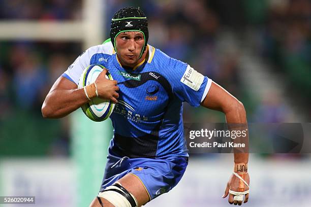 Adam Coleman of the Force runs the ball during the round 10 Super Rugby match between the Force and the Bulls at nib Stadium on April 29, 2016 in...