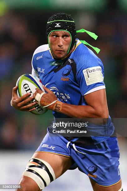 Adam Coleman of the Force runs the ball during the round 10 Super Rugby match between the Force and the Bulls at nib Stadium on April 29, 2016 in...