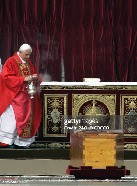 Vatican: German Cardinal Joseph Ratzinger presides the funeral mass for Pope John Paul II in St Peter's Square at the Vatican City 08 April 2005. The...