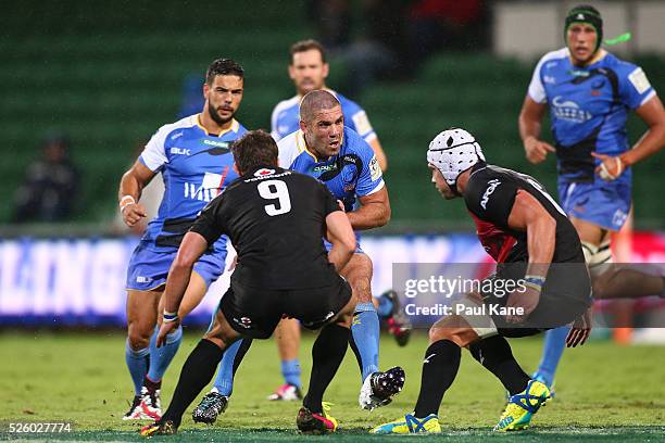 Matt Hodgson of the Force looks to make a break during the round 10 Super Rugby match between the Force and the Bulls at nib Stadium on April 29,...