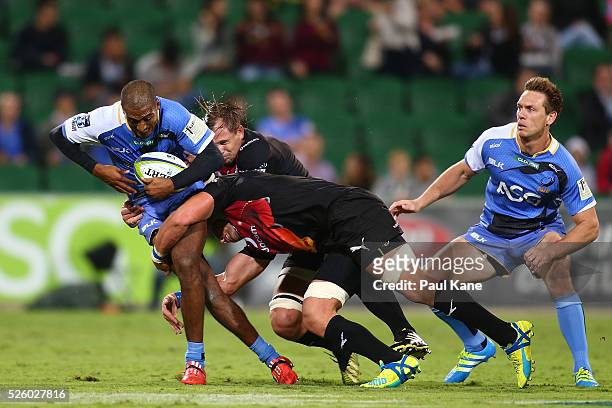 Marcel Brache of the Force gets tackled during the round 10 Super Rugby match between the Force and the Bulls at nib Stadium on April 29, 2016 in...