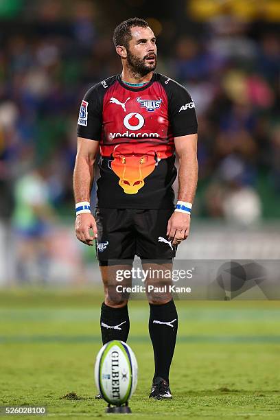 Francois Brummer of the Bulls lines up a conversion kick during the round 10 Super Rugby match between the Force and the Bulls at nib Stadium on...