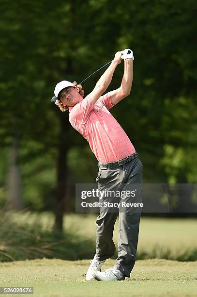 Will Wilcox hits his tee shot on the seventh hole during a continuation of the first round on April 29, 2016 in Avondale, Louisiana.