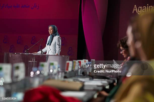 Maryam Rajavi, President-elect of the National Council of Resistance of Iran, gives her speech at the Pledge for Parity: