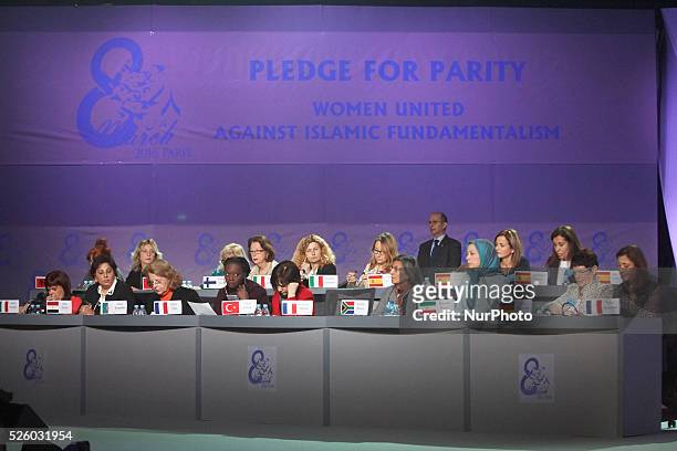 Dignitaries at the Pledge for Parity: Women United Against Islamic Fundamentalism conference in Paris, ahead of International Women's Day, in Paris,...