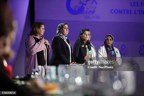 Dignitaries at the Pledge for Parity: Women United Against Islamic Fundamentalism conference in Paris, ahead of International Women's Day, in Paris,...
