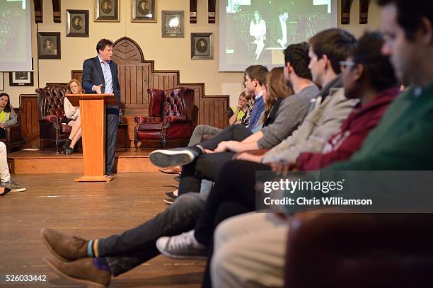 Nick Clegg at The Cambridge Union on April 27, 2016 in Cambridge, Cambridgeshire. Nick Clegg has been the MP for Sheffield Hallam since 2005 and is...