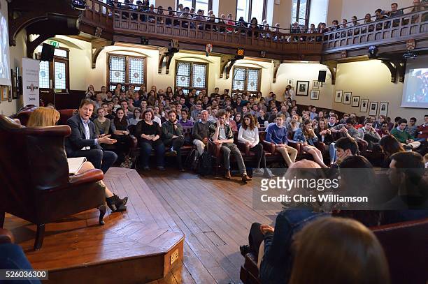 Nick Clegg at The Cambridge Union on April 27, 2016 in Cambridge, Cambridgeshire. Nick Clegg has been the MP for Sheffield Hallam since 2005 and is...