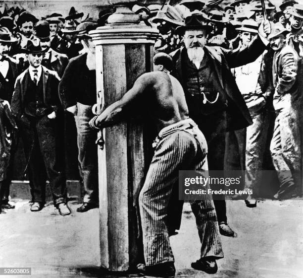 Heavily drawn over photograph shows a sheriff about to whip a man chained to a public whipping post as a crowd looks on, outside the Kent County...