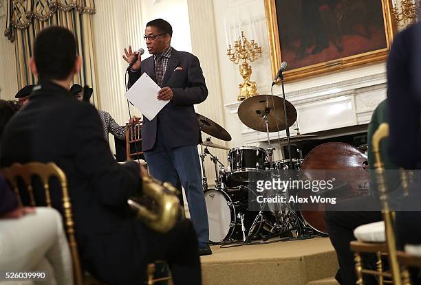 Musician Herbie Hancock speaks to high school students during a History of Jazz Student Workshop at the State Dining Room of the White House April...