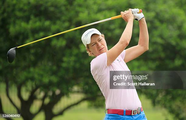 Catriona Matthew of Scotland watches her tee shot on the second hole during the second round of the Volunteers of America Texas Shootout at Las...