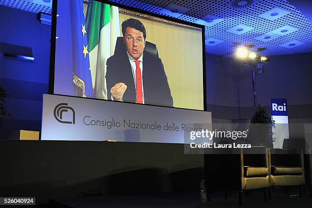 Italian Prime Minister Matteo Renzi who was expected at the celebration of the anniversary of Internet in Italy speaks in skype link at the CNR of...