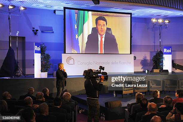 Italian Prime Minister Matteo Renzi who was expected at the celebration of the anniversary of Internet in Italy speaks in skype link at the CNR of...