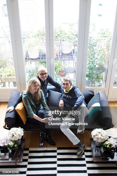 Interior architect Sarah Lavoine and designers Michel Klein and Eric Fournier are photographed for Madame Figaro on March 21, 2016 in Paris, France....