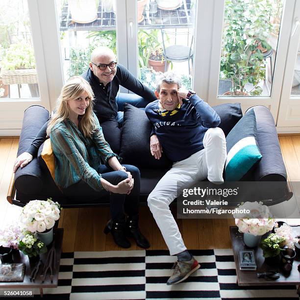 Interior architect Sarah Lavoine and designers Michel Klein and Eric Fournier are photographed for Madame Figaro on March 21, 2016 in Paris, France....