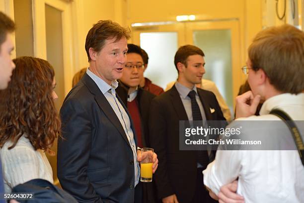 Nick Clegg greets students at The Cambridge Union on April 27, 2016 in Cambridge, Cambridgeshire. Nick Clegg has been the MP for Sheffield Hallam...