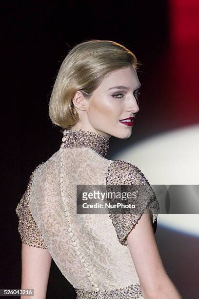 Model walks the runway at the Hannibal Laguna show during the Mercedes-Benz Madrid Fashion Week Autumn/Winter 2016/2017 at Ifema on February 19, 2016...