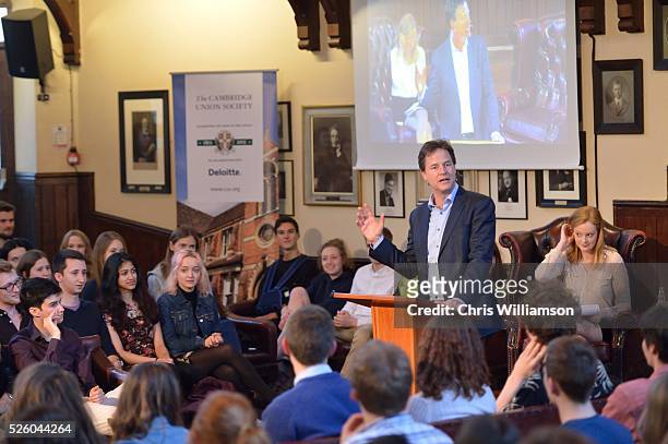 Nick Clegg at The Cambridge Union on April 27, 2016 in Cambridge, Cambridgeshire. Nick Clegg has been the MP for Sheffield Hallam since 2005 and is...