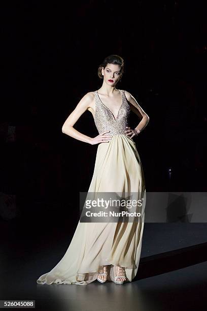 Model walks the runway at the Hannibal Laguna show during the Mercedes-Benz Madrid Fashion Week Autumn/Winter 2016/2017 at Ifema on February 19, 2016...
