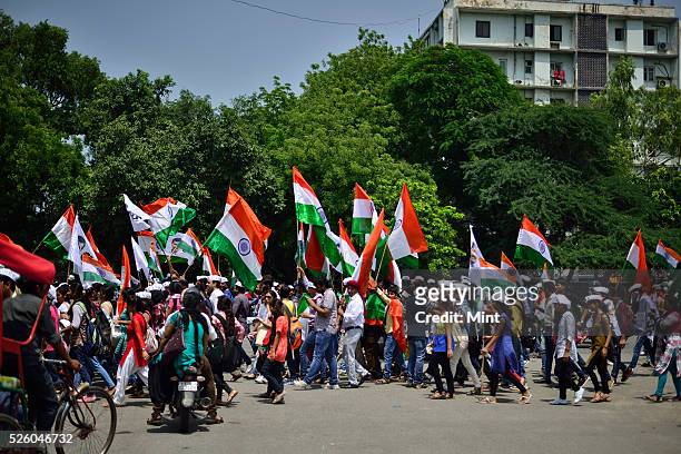 S Student Wing CYSS organised 'Tiranga March' on occasion of Shaheed Rajguru Jayanti at Delhi University on August 24, 2015 in New Delhi, India.