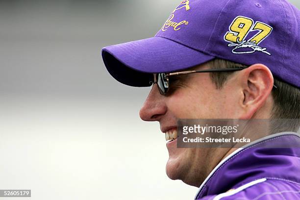 Kurt Busch, driver of the Rousch Racing Crown Royal Ford, prepares for NASCAR NEXTEL Cup Advance Auto Parts 500 qualifying on April 8, 2005 at...
