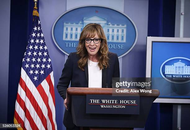 Actress Allison Janney speaks as she shows up to surprise members of the press crops at the James Brady Press Briefing Room of the White House April...