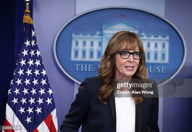 Actress Allison Janney speaks as she shows up to surprise members of the press crops at the James Brady Press Briefing Room of the White House April...