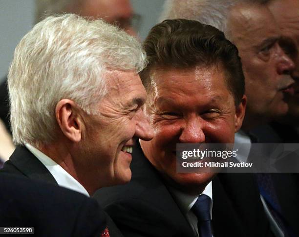 Russian billionaire and businessman Gennady Timchenko, Gazprom's CEO Alexei Miller and President of Lukoil Vagit Alekperov attend the meeting of the...