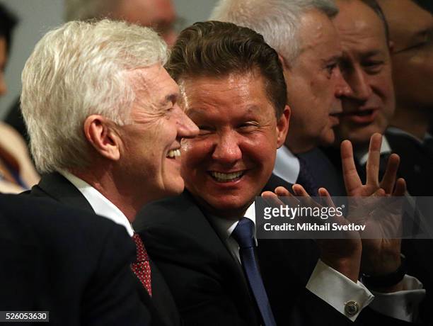 Russian billionaire and businessman Gennady Timchenko and Gazprom's CEO Alexei Miller attend the meeting of the Board of Trustees of the Russian...