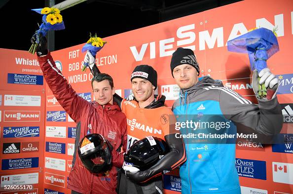 Latvia's Martins Dukurs -silver medalist, Germany's Frank Rommel ...
