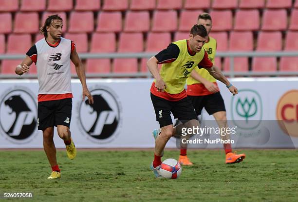 James Milner of Liverpool in actions during a training session at Rajamangala stadium in Bangkok, Thailand on July 13, 2015. Liverpool will play an...