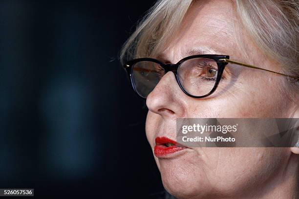 Press Secretary for the judges Yolande Wijnnobel is seen speaking to the press in The Hague, Netherlands, on July 13, 2015. In several speedtrials on...