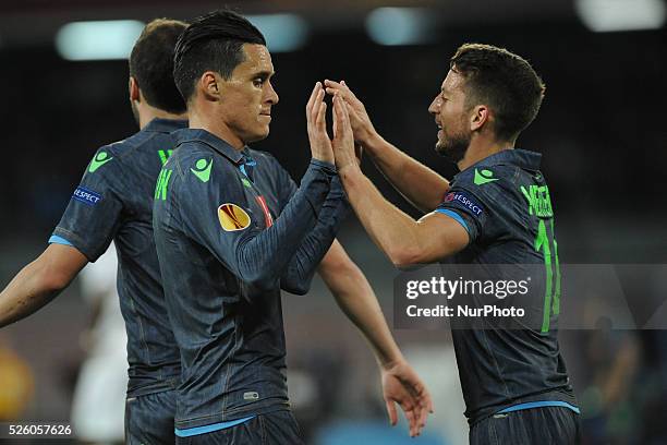 Dries Mertens and Jose Callejon celebrates after scoring during UEFA Europa League quarter final second leg football match SSC Napoli vs VFL...