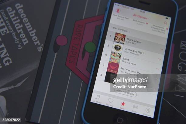 An iPhone 5c, displaying an iTunes chart on Monday 20th July 2015, on top of CD covers.