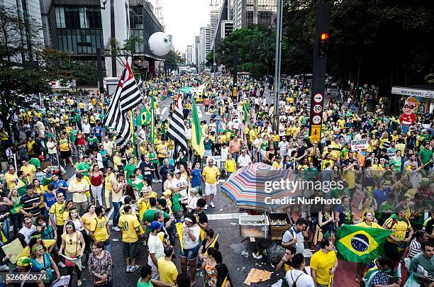 Demonstration in avenida Paulista, downtown S��o Paulo, Brazil, requesting the impeachment of president DIlma Rousseff and the prison of ex-president...