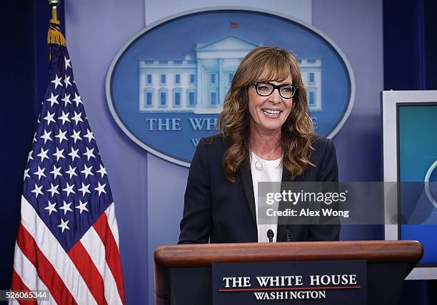 Actress Allison Janney speaks as she shows up to surprise members of the press crops at the James Brady Press Briefing Room of the White House April...