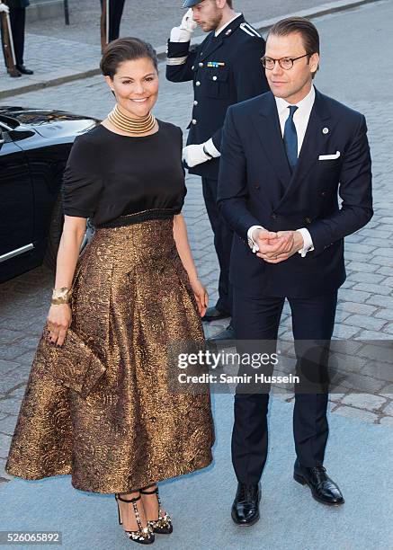 Crown Princess Victoria of Sweden and Prince Daniel of Sweden arrive at the Nordic Museum to attend a concert of the Royal Swedish Opera and...