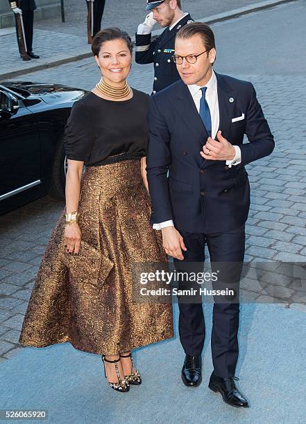 Crown Princess Victoria of Sweden and Prince Daniel of Sweden arrive at the Nordic Museum to attend a concert of the Royal Swedish Opera and...