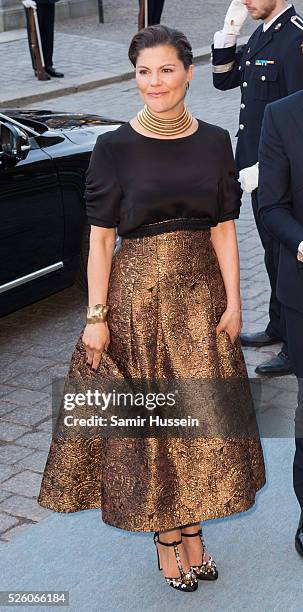 Crown Princess Victoria of Sweden arrives at the Nordic Museum to attend a concert of the Royal Swedish Opera and Stockholm Concert Hall to celebrate...