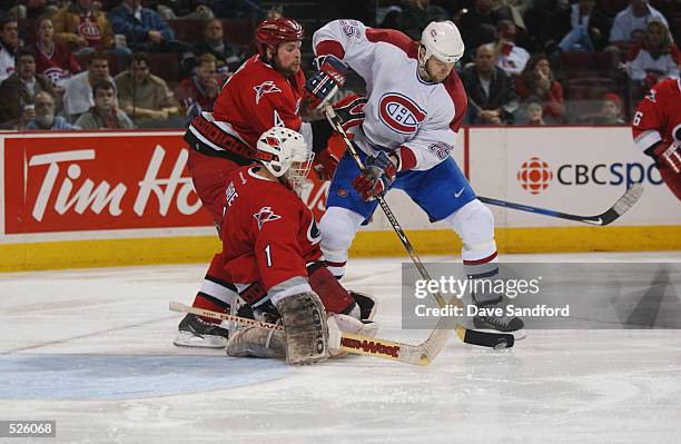 Left wing Chad Kilger of the Montreal Canadiens is pressured by defenseman Aaron Ward of the Carolina Hurricanes as he tries to get the puck past...