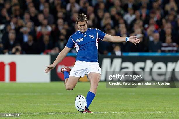 Theuns Kotze kicks off for Namibia during the IRB RWC 2015 match between New Zealand All Blacks v Namibia- Pool C Match 12 at The Stadium, Queen...