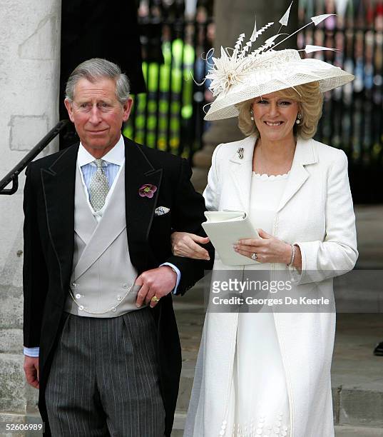 Prince Charles, the Prince of Wales, and his wife Camilla, the Duchess of Cornwall, depart the Civil Ceremony at which they were legally married, at...