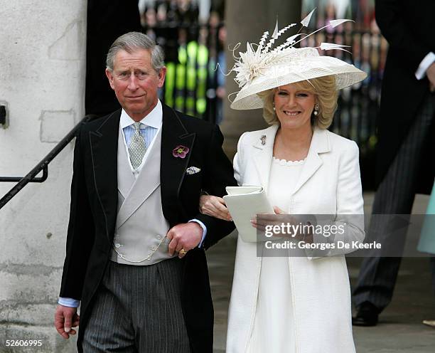 Prince Charles, the Prince of Wales, and his wife Camilla, the Duchess of Cornwall, depart the Civil Ceremony where they were legally married, at The...