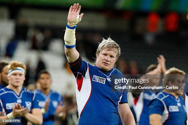 Renaldo Bothma and team mates of Namibia wave to the crowd after the IRB RWC 2015 match between New Zealand All Blacks v Namibia- Pool C Match 12 at...